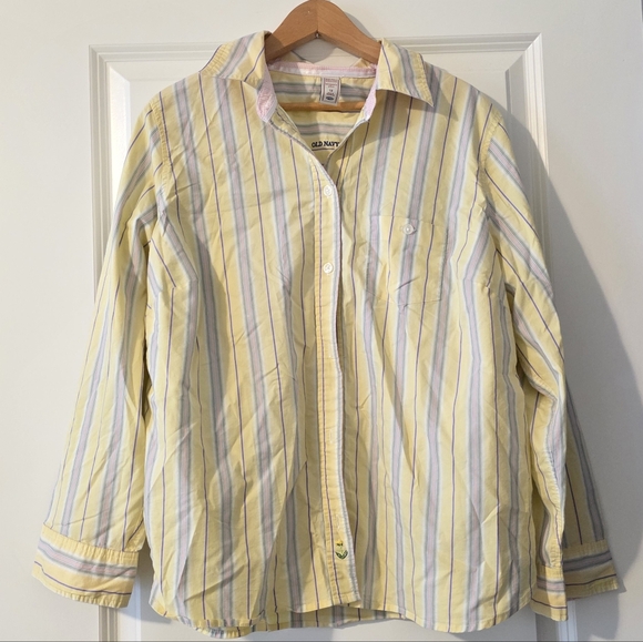 Old Navy Tops - Y2k Old Navy Striped Button Up Collared Shirt Womens 1X Yellow Pink Blue Preppy
